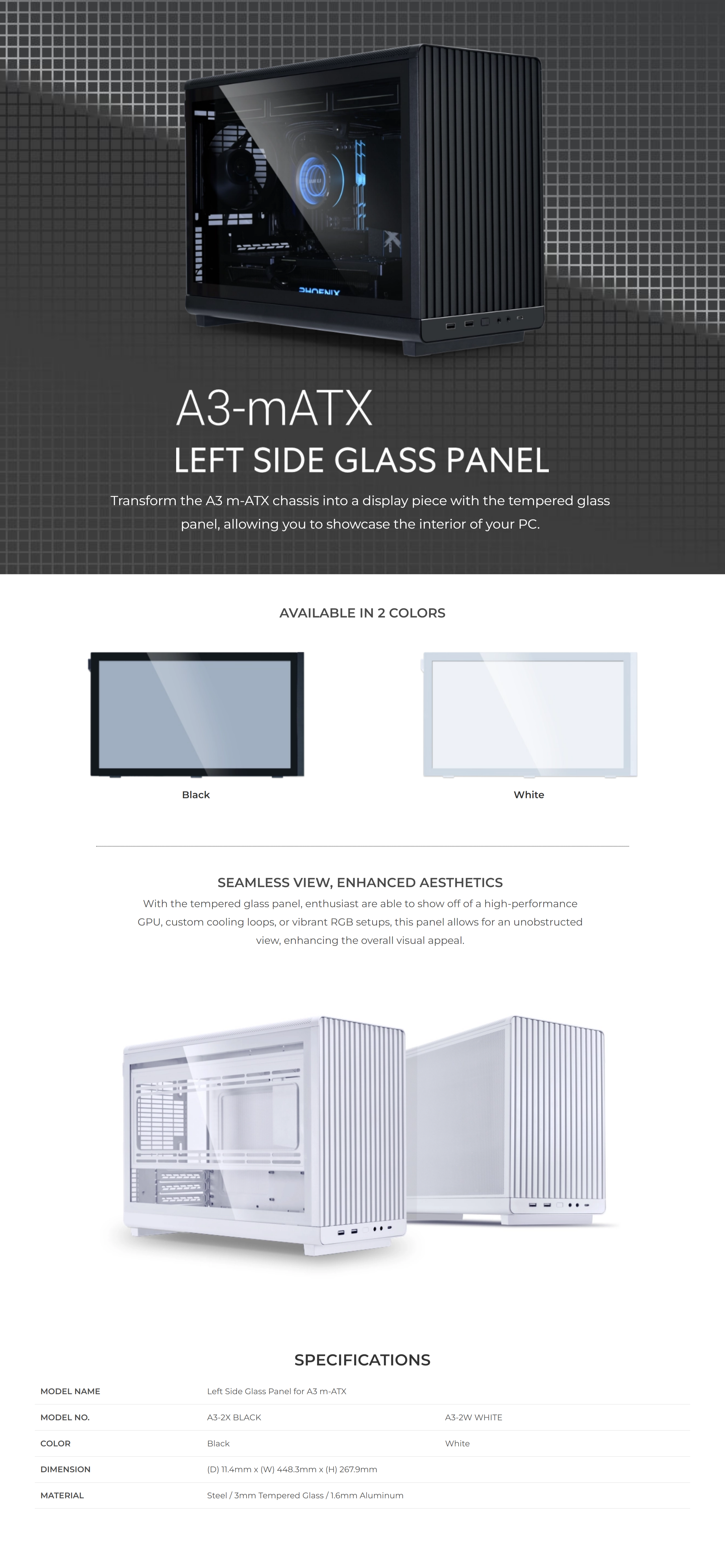 A large marketing image providing additional information about the product Lian Li A3-2 Left Glass Panel - Black - Additional alt info not provided